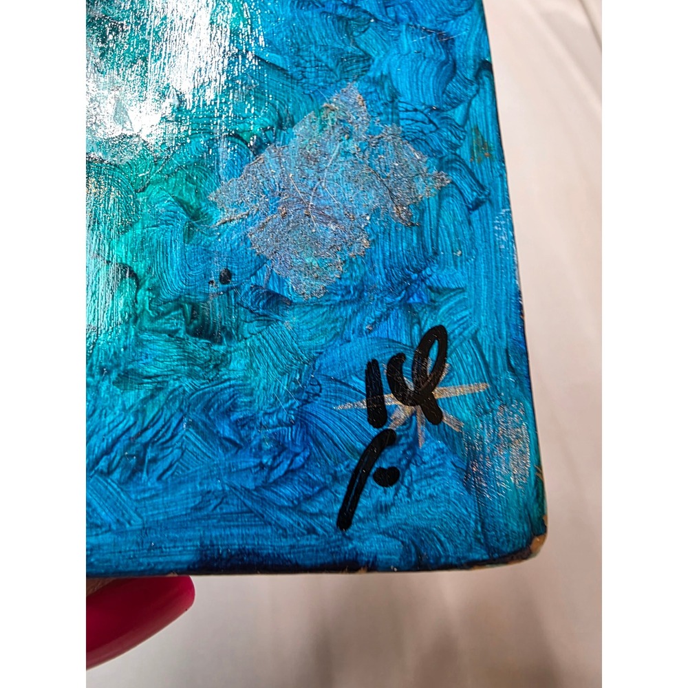 Hand Painted Wooden Evil Eye Nazar Decor Blue Gold Abstract Signed Art Block F1 - Picture 9 of 16